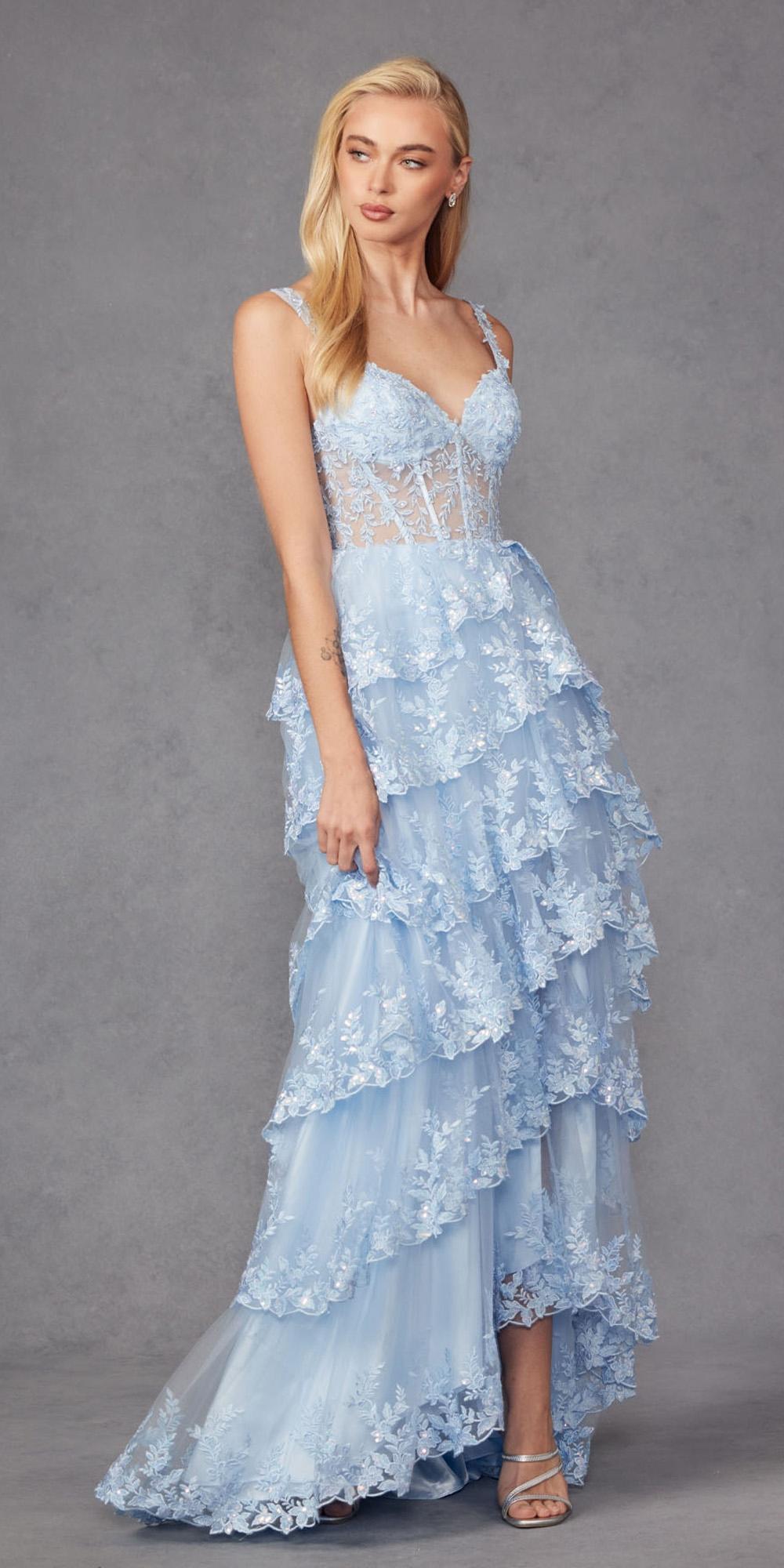 Powder blue corset bodice long tiered ruffle dress with delicate lace texture