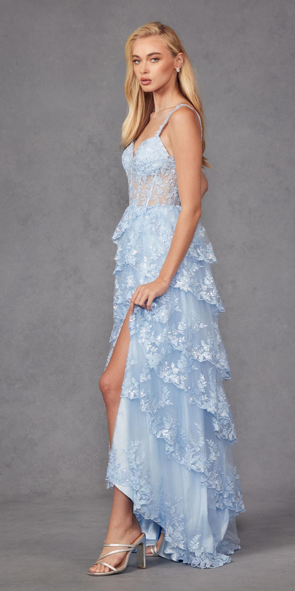 Powder blue sleeveless tiered ruffle dress with corset bodice and side slit