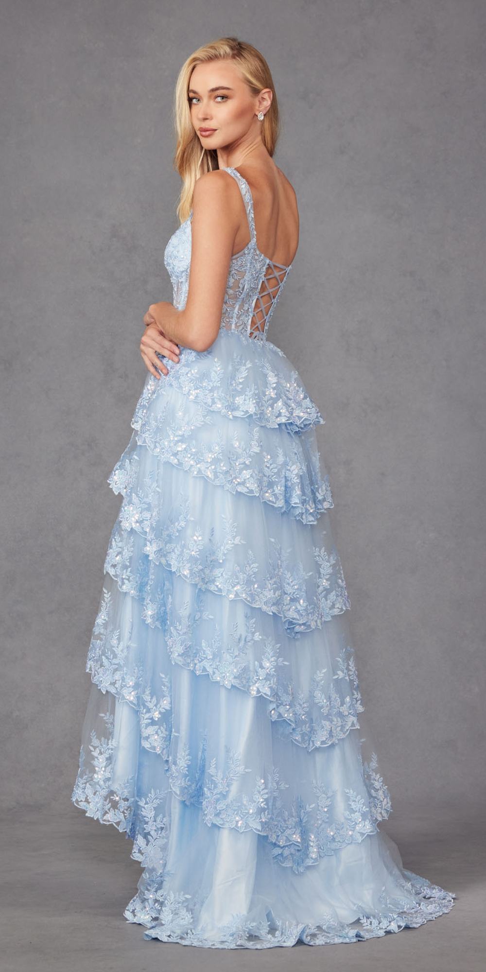 Powder blue long tiered ruffle dress with corset bodice and lace-up back