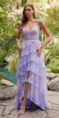 Lilac corset-style tiered ruffle dress with lace overlay and side slit