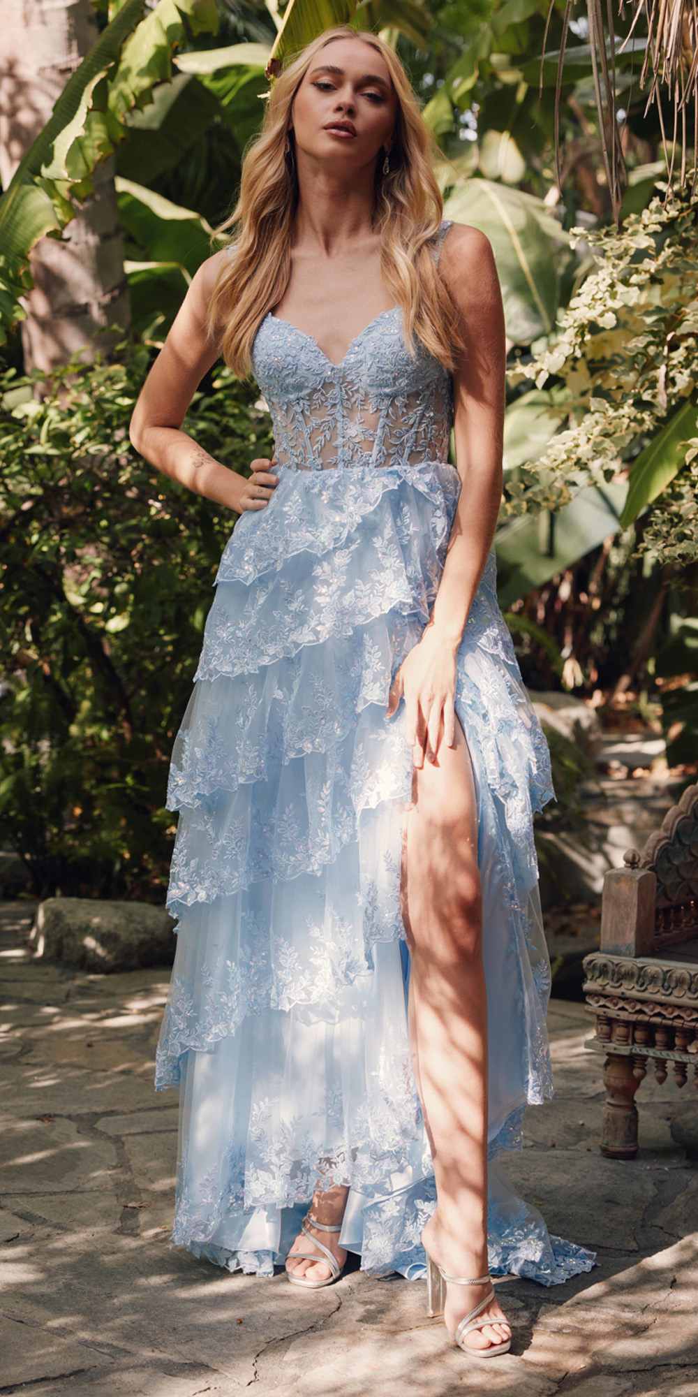 Powder blue corset-style tiered ruffle dress with side slit and lace overlay