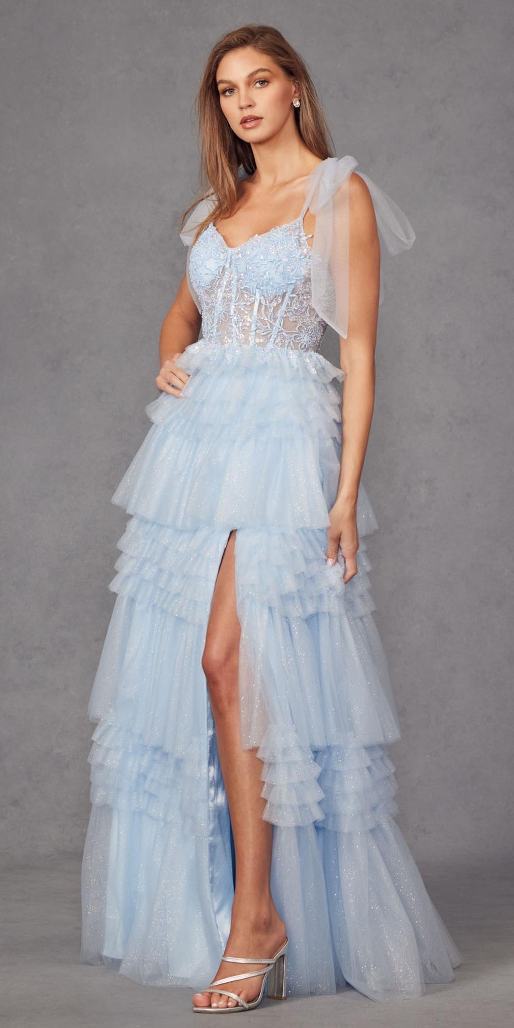 Ice blue glitter tulle gown with lace bodice, tiered skirt, and thigh slit