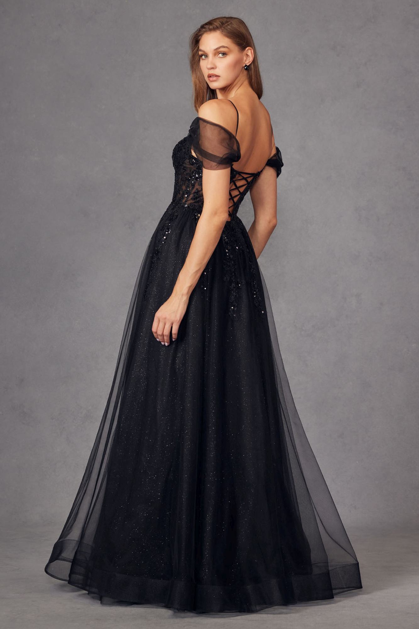 Black sequined cold-shoulder corset gown with sheer off-shoulder sleeves and A-line skirt