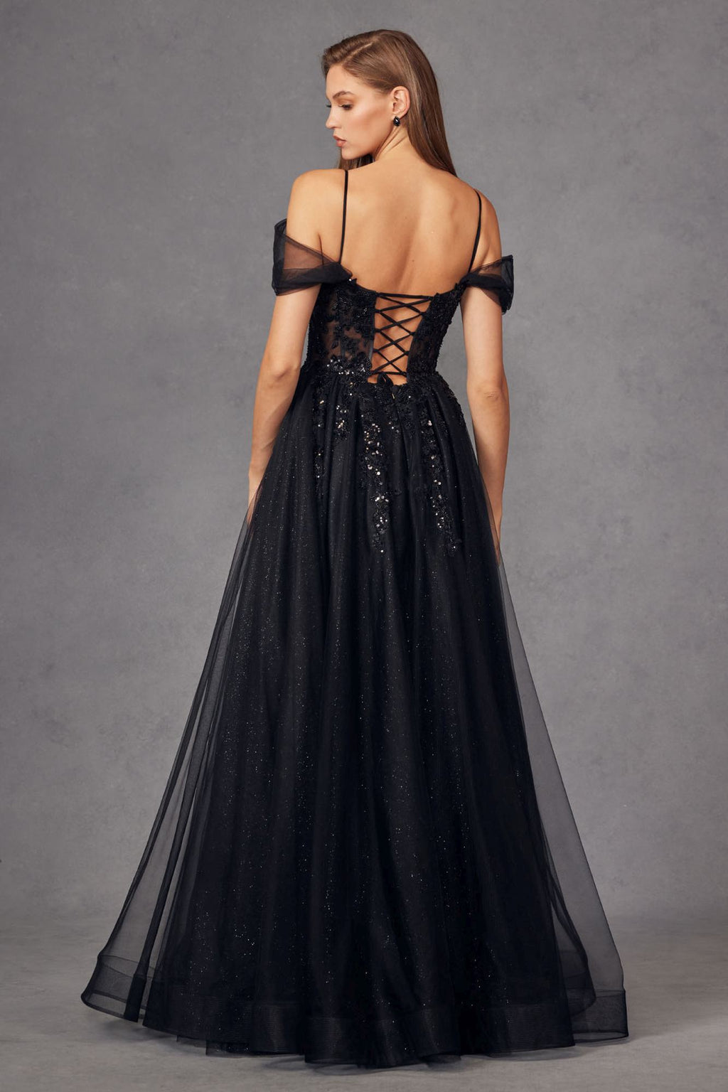 Black sequined cold-shoulder corset gown with crisscross lace-up back and A-line skirt