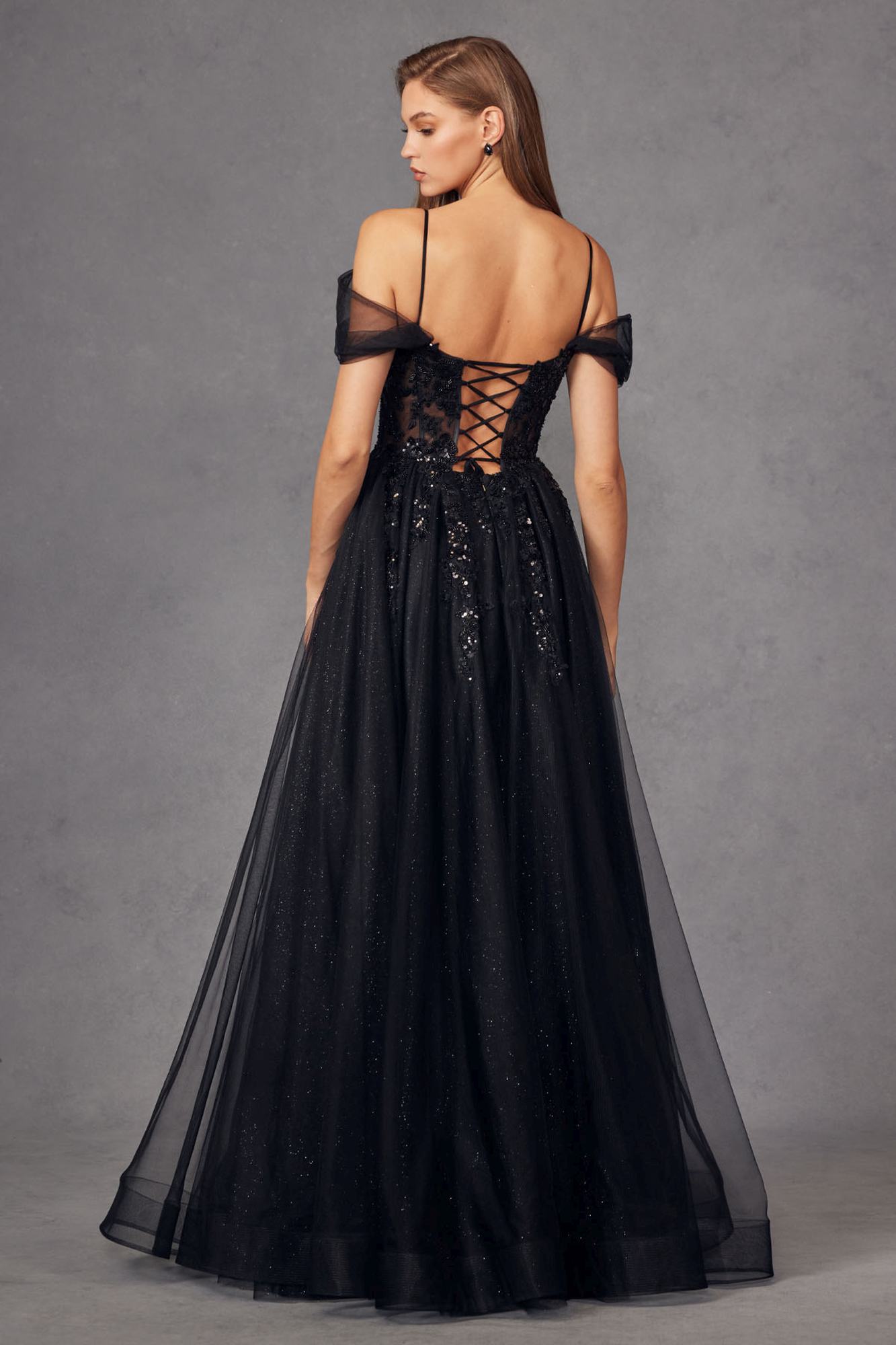 Black sequined cold-shoulder corset gown with crisscross lace-up back and A-line skirt