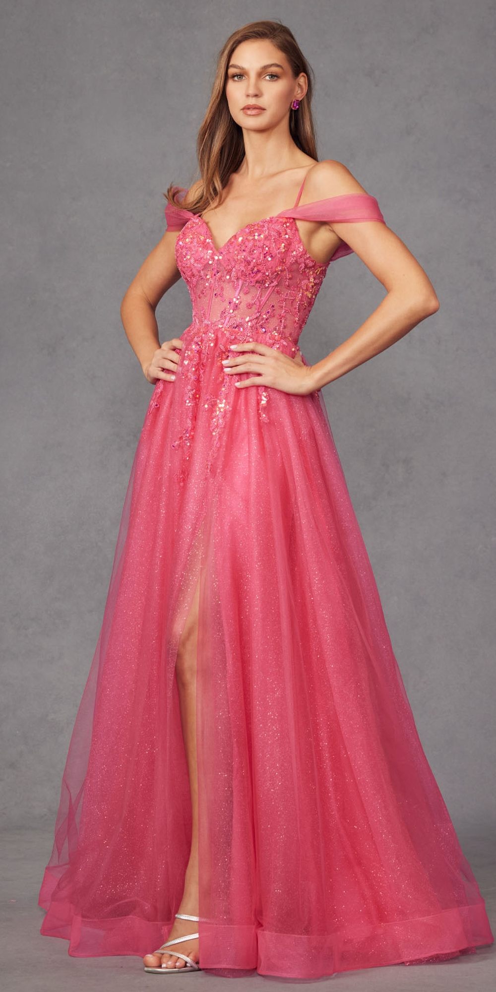 Pink sweetheart corset bodice gown with cold-shoulder sleeves, A-line tulle skirt, thigh slit.