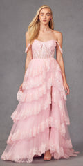 Ice pink off-shoulder A-line gown with lace corset bodice and tiered ruffle skirt