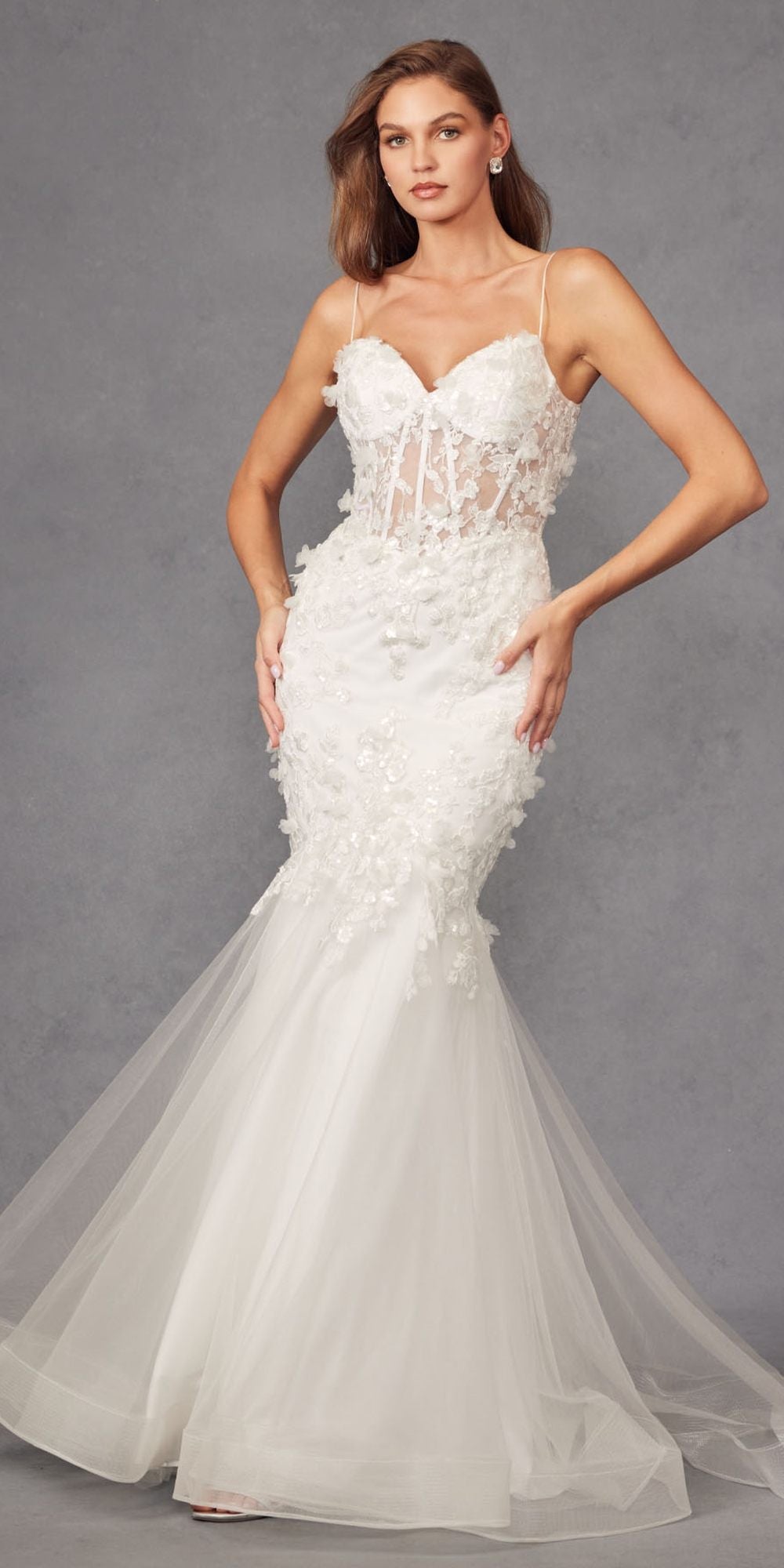 White sweetheart lace trumpet gown with thin straps and layered tulle at the hem