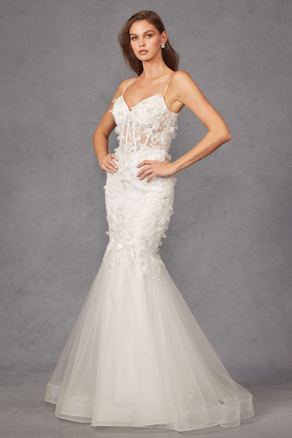 White sweetheart lace trumpet gown with spaghetti straps and layered tulle skirt