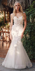 White sweetheart trumpet gown with lace bodice, spaghetti straps, and flared tulle hem