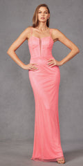 Pink fitted net mesh formal dress with corset-style boned bodice and spaghetti straps