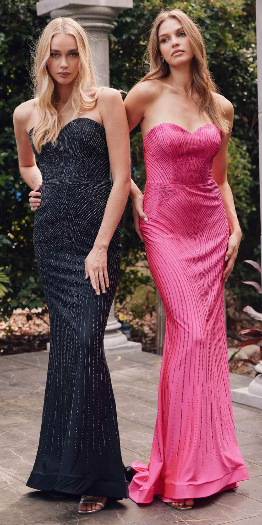 Strapless sweetheart fitted long rhinestone gown in black and fuchsia, mermaid shape