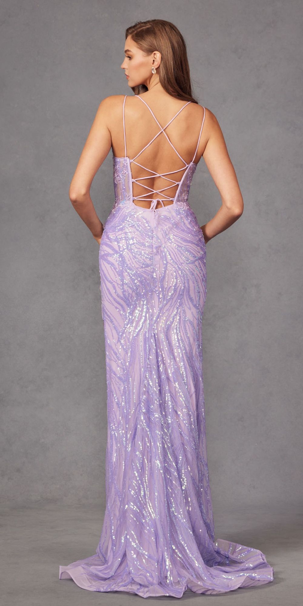 Lilac sequin lace corset gown with crisscross open back and spaghetti straps