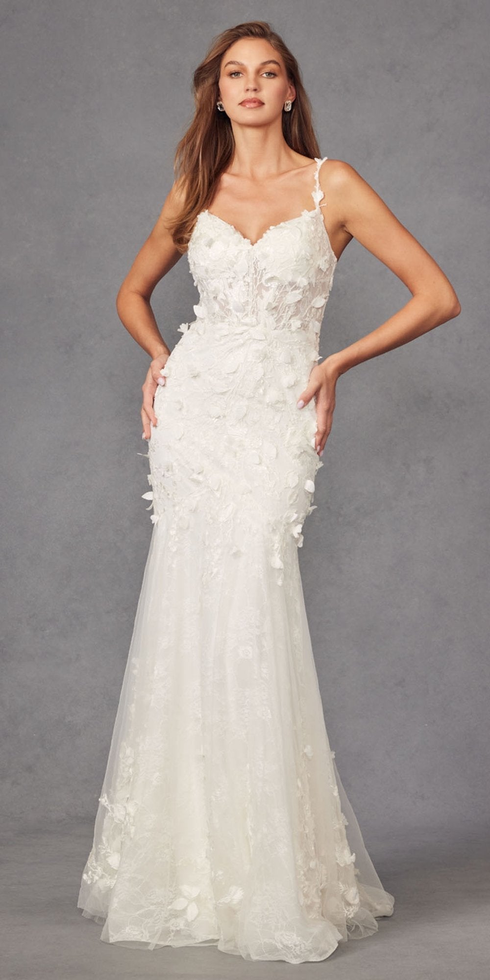 Off-white fitted mermaid gown with 3D floral appliqué lace, thin straps and sweetheart neckline