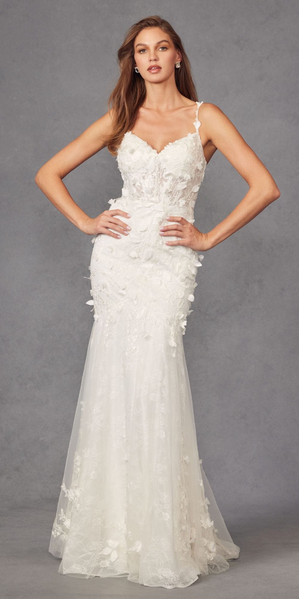 Off-white fitted mermaid gown with lace panels and 3D floral appliqué, thin straps and sweetheart