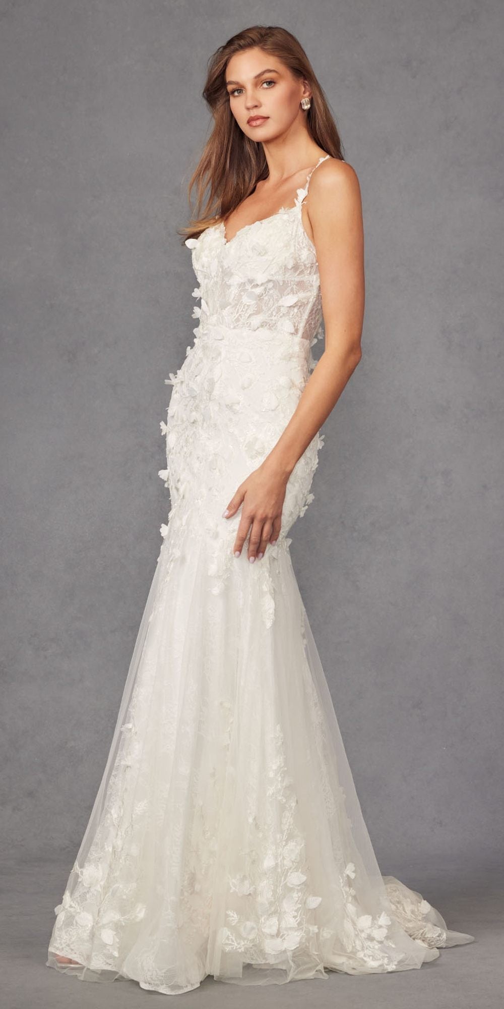 Off-white fitted mermaid gown with 3D floral appliqué lace, spaghetti straps and structured bodice