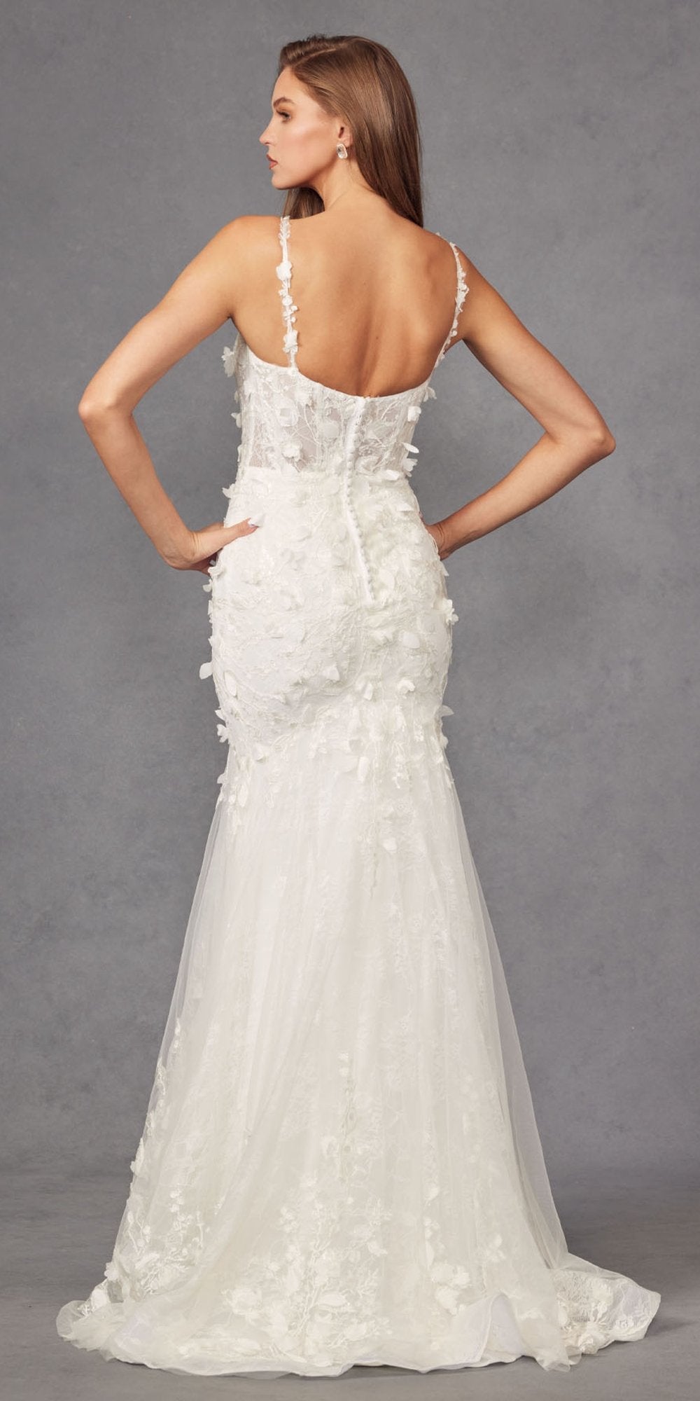Off-white fitted mermaid gown with lace and 3D floral appliqué, open back design