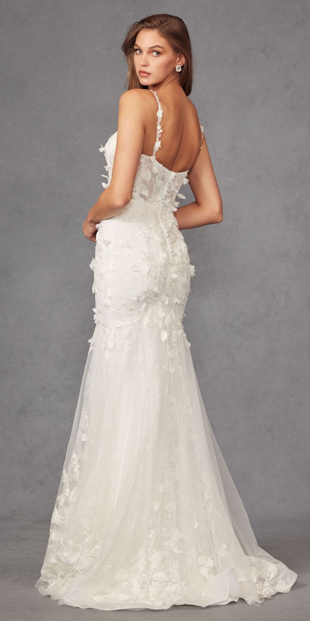 Off-white fitted mermaid gown with 3D floral appliqué lace, open back and V-shape