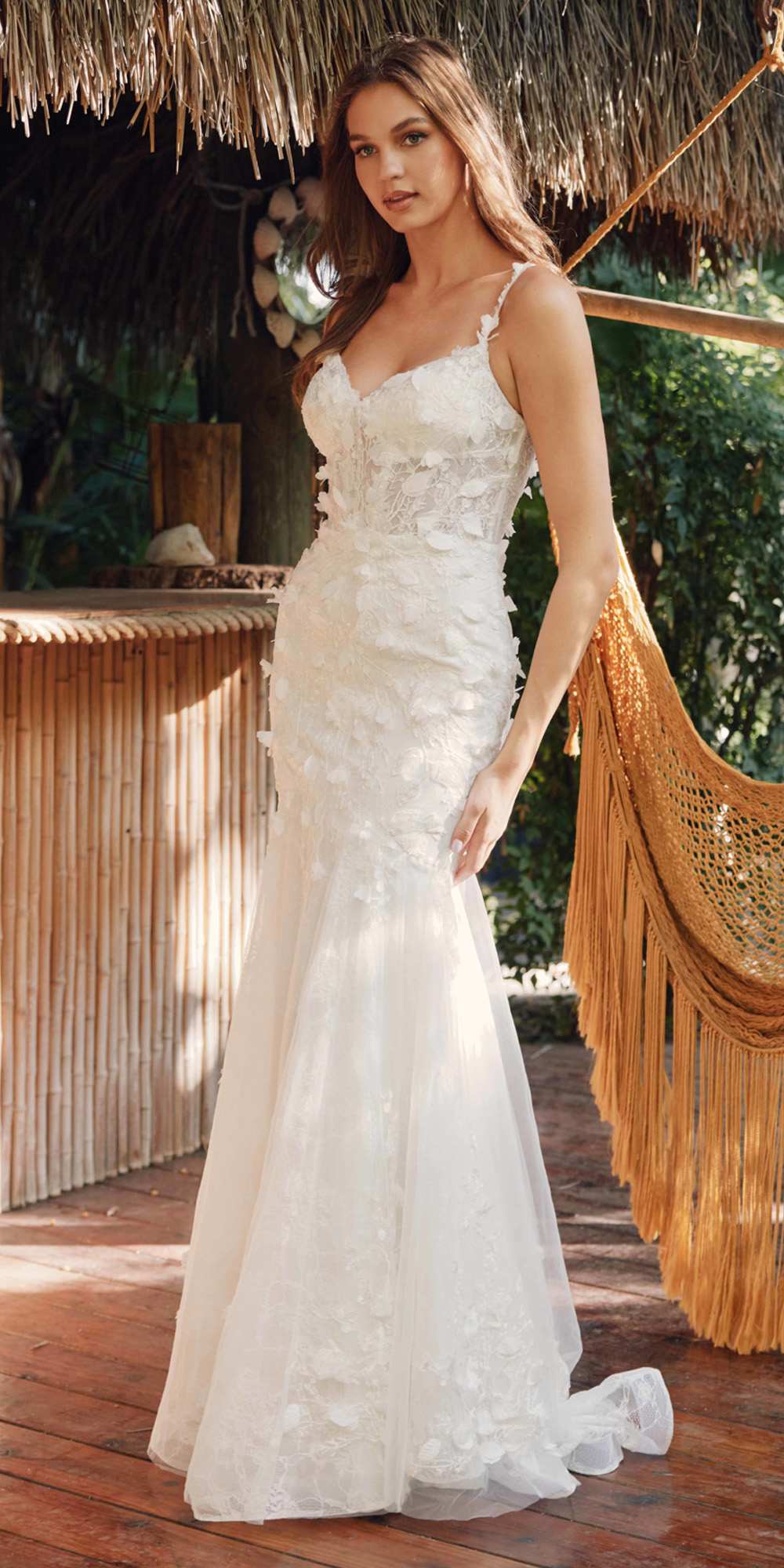 Off-white fitted mermaid gown with 3D floral appliqué, spaghetti straps, sweetheart neckline