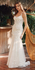 Off-white fitted mermaid gown with 3D floral appliqué, spaghetti straps, sweetheart neckline
