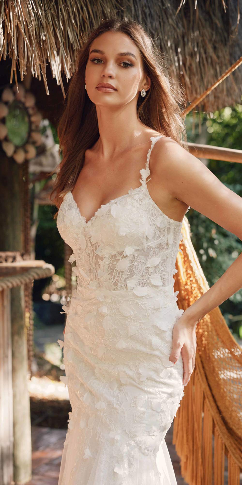Off-white fitted mermaid gown with lace bodice and 3D floral appliqué, thin spaghetti straps