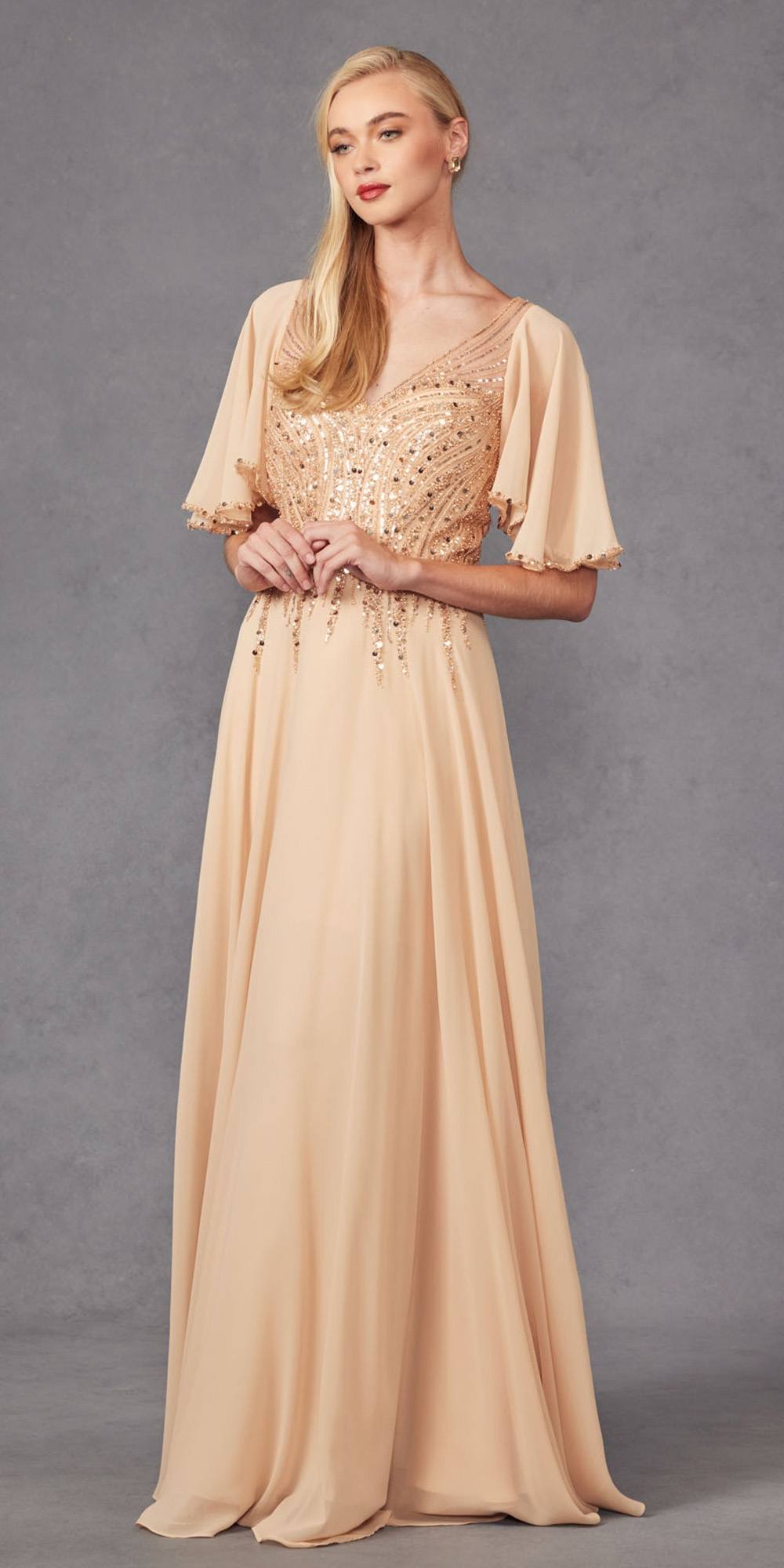 Champagne long A-line evening gown with V-neck flutter sleeves and embellished beaded bodice