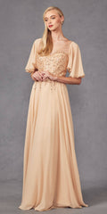 Champagne long A-line evening gown with V-neck flutter sleeves and embellished beaded bodice