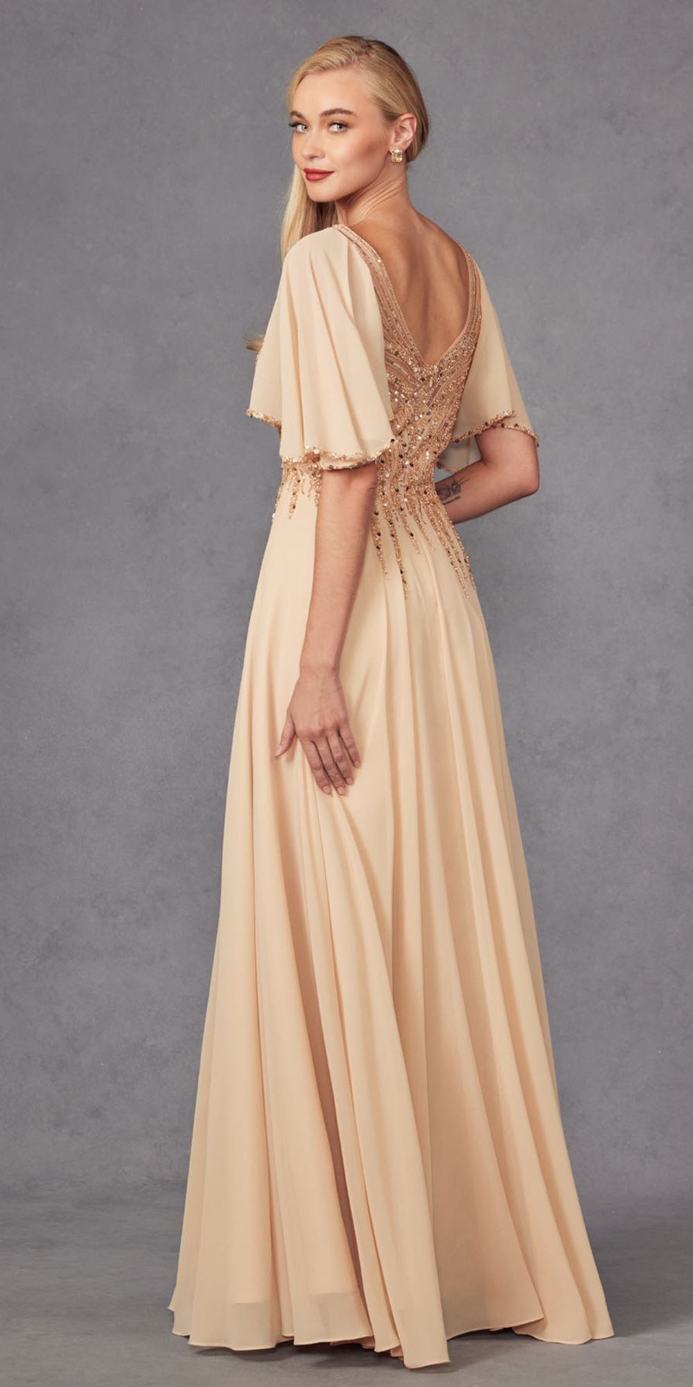 Champagne long A-line evening gown with V-neck and flutter sleeves, beaded sparkle bodice