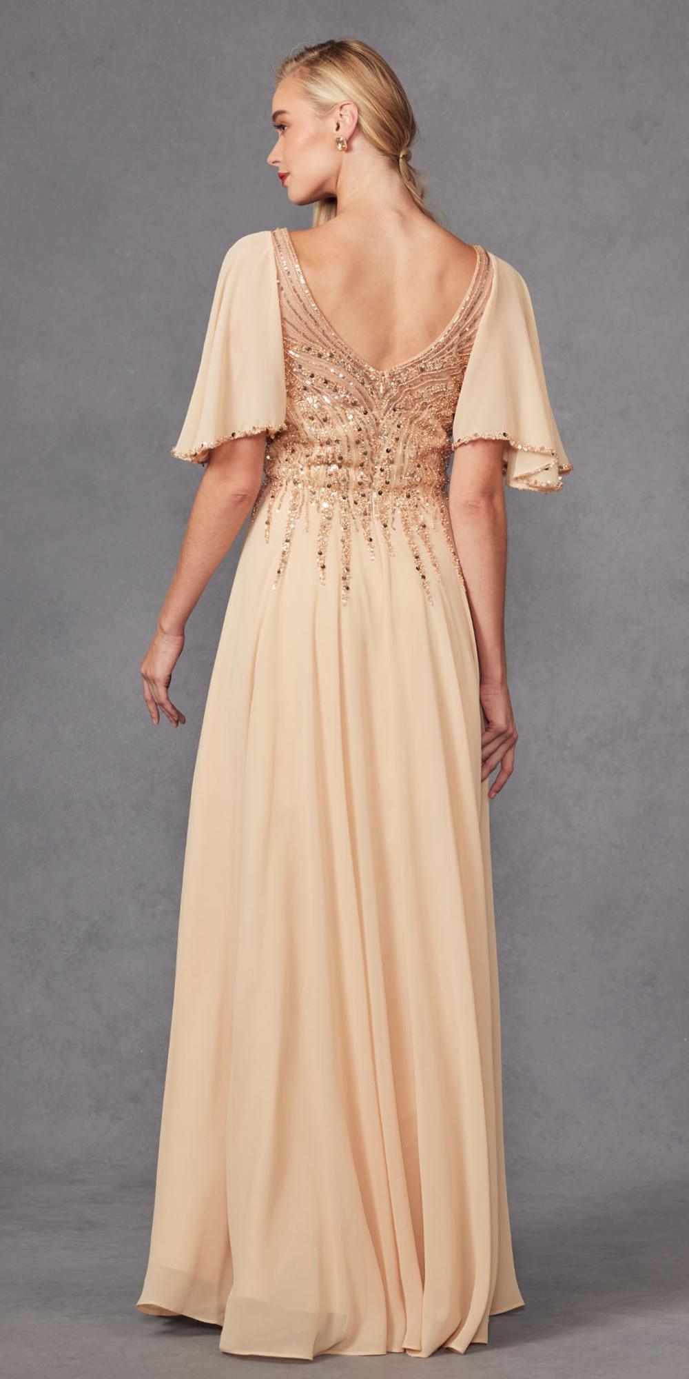 Champagne A-line evening gown with beaded V-neck bodice and flutter sleeves