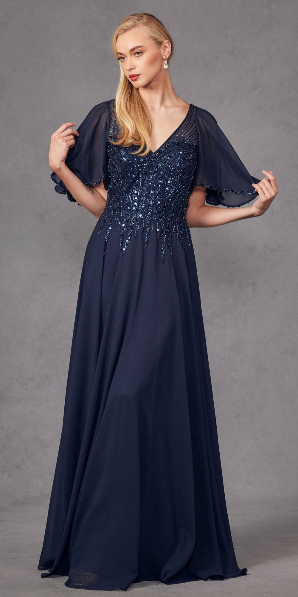 Navy long A-line evening gown with V-neck flutter sleeves and embellished beaded bodice