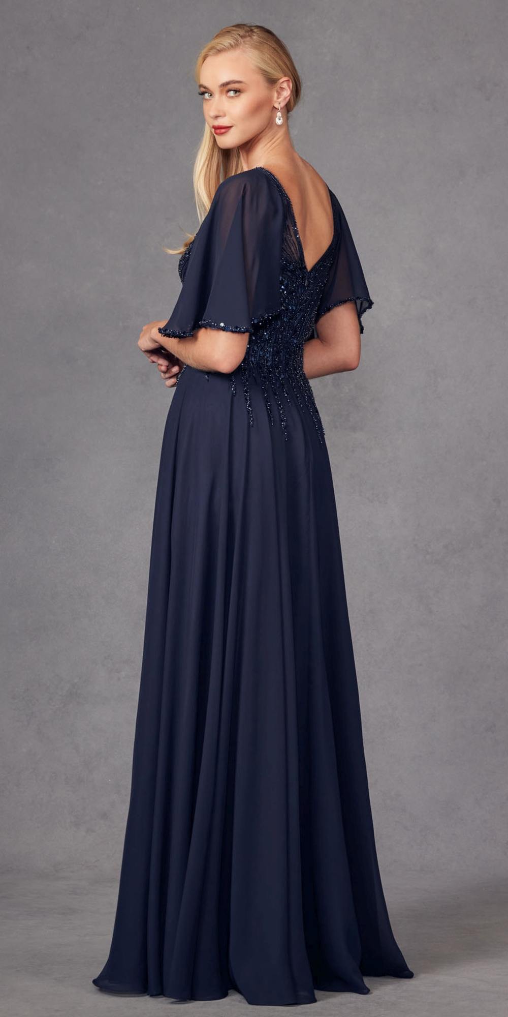 Navy long A-line evening gown with V-neck and flutter sleeves, sparkly beaded bodice