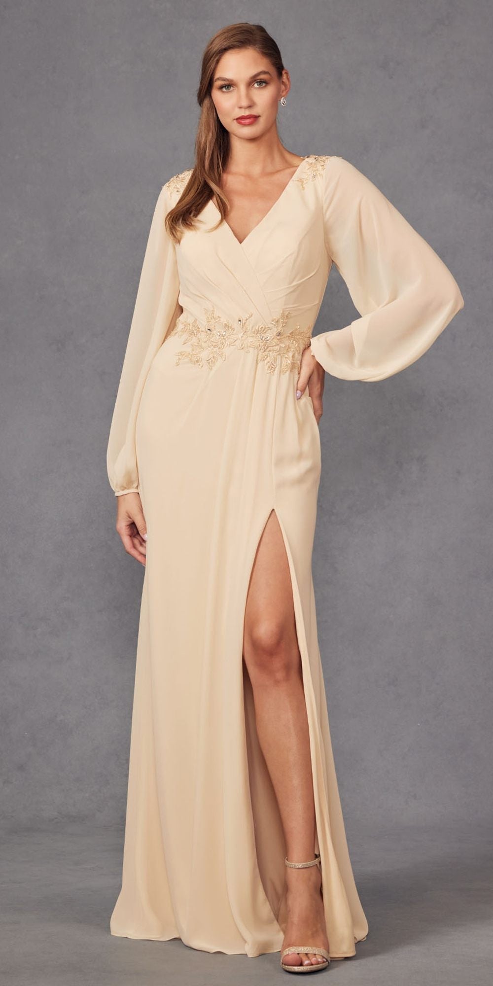Champagne V-neck long-sleeve evening gown with embroidered waist and thigh slit