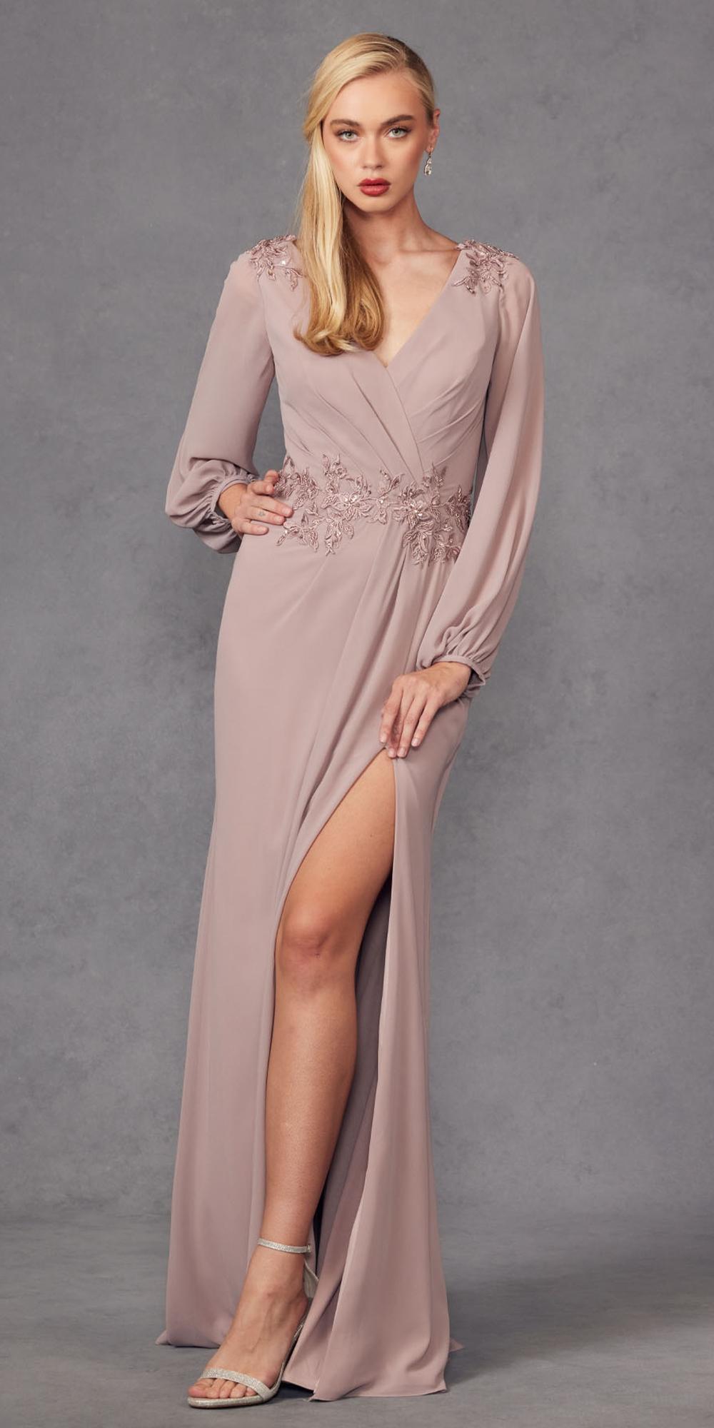 Mauve long-sleeve V-neck evening gown with embroidered applique and crossover skirt