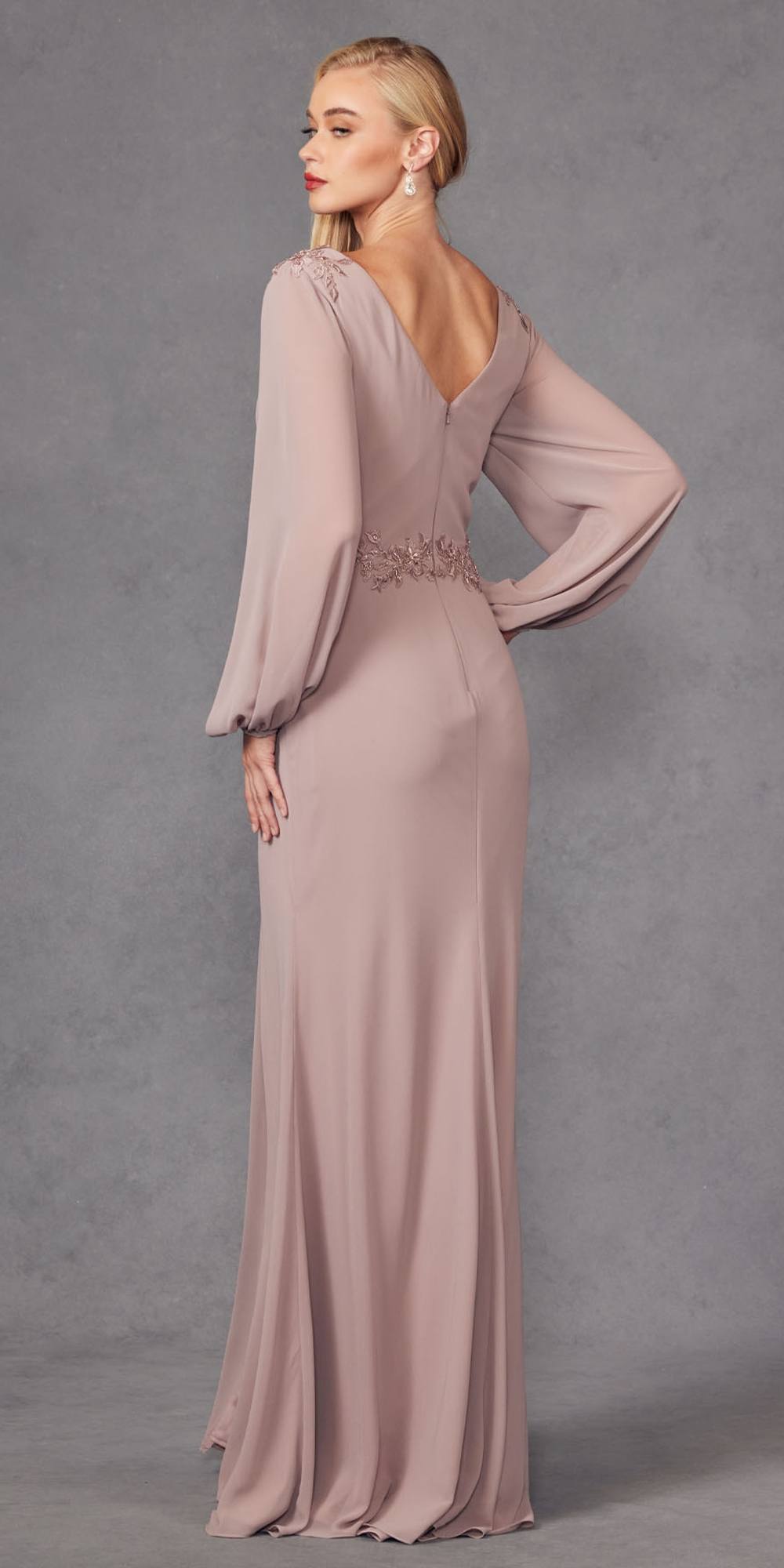 Mauve long-sleeve V-neck evening gown with draped sleeves and embroidered waist detail