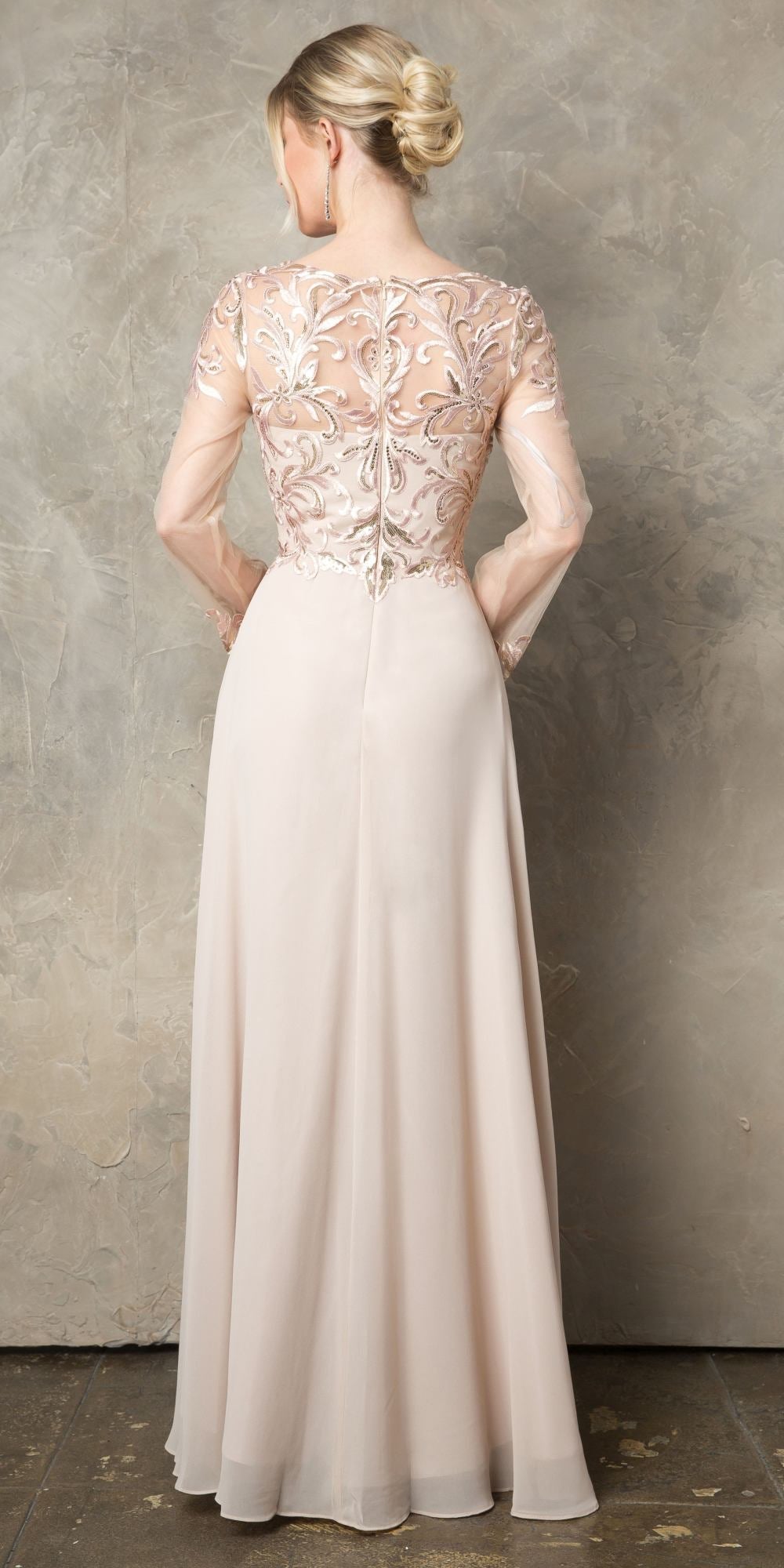 Champagne chiffon A-line mother of the bride dress, lace back with long sheer sleeves