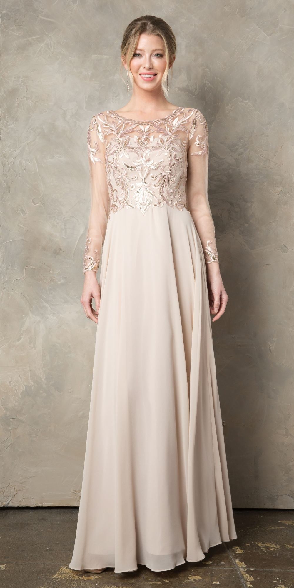 Champagne chiffon A-line mother of the bride dress with long sheer lace sleeves