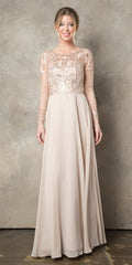 Champagne chiffon A-line mother of the bride dress with long sheer lace sleeves
