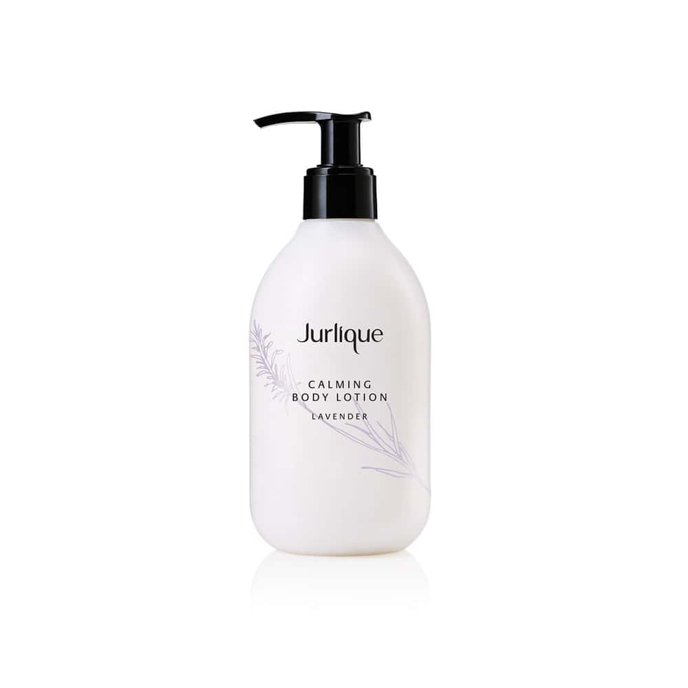 JURLIQUE calming body lotion bottle with lavender pump, white bottle