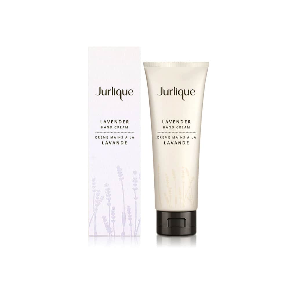 JURLIQUE lavender hand cream tube with black cap, and lavender hand cream box