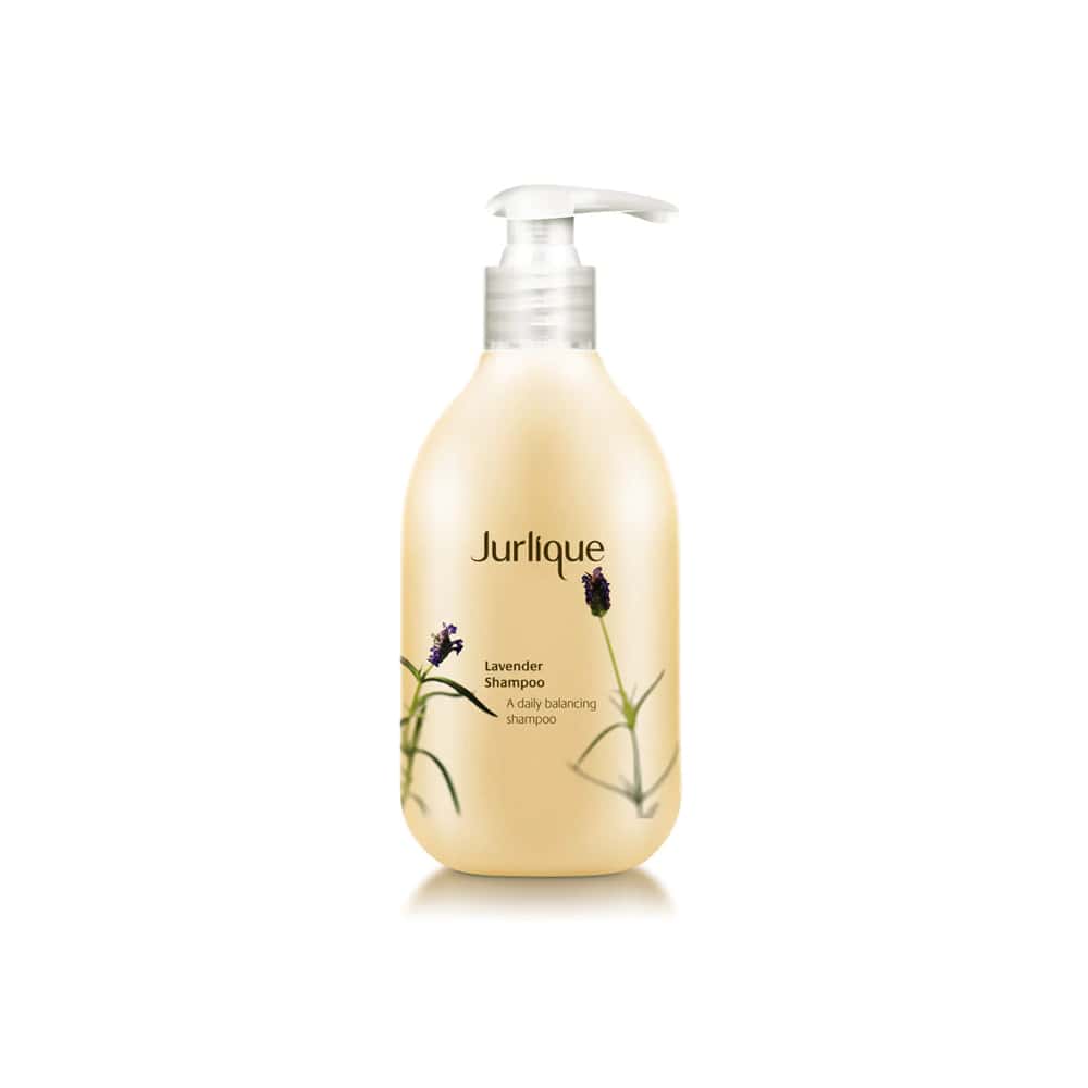 JURLIQUE lavender shampoo bottle with pump, light beige liquid, purple lavender graphics