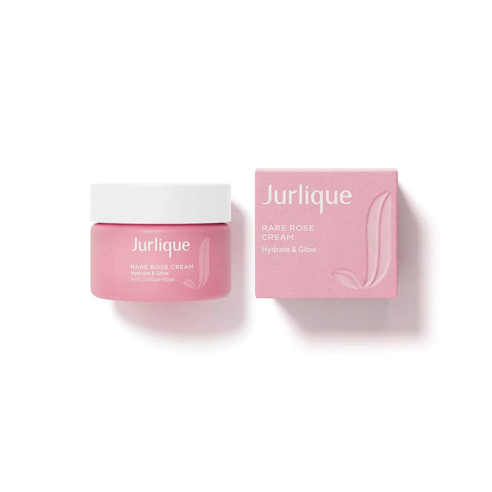 Rose cream jar and box set, pink jar with white lid and pink carton.