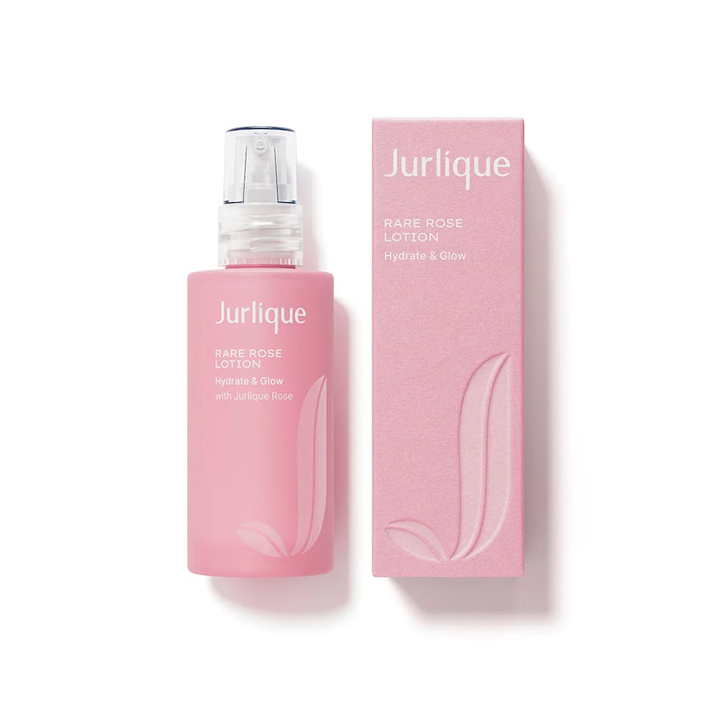 JURLIQUE Rare Rose lotion bottle with pink label and matching product box, 1 oz