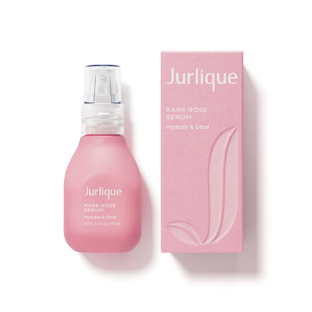Jurlique Rare Rose Serum bottle and box, pink serum in glass pump bottle