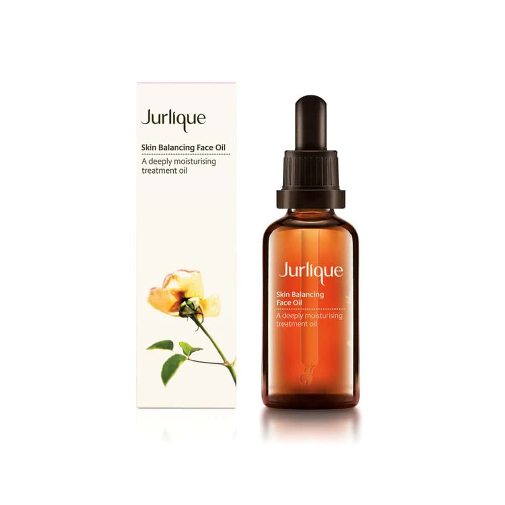 JURLIQUE skin balancing face oil bottle with dropper and carton, amber