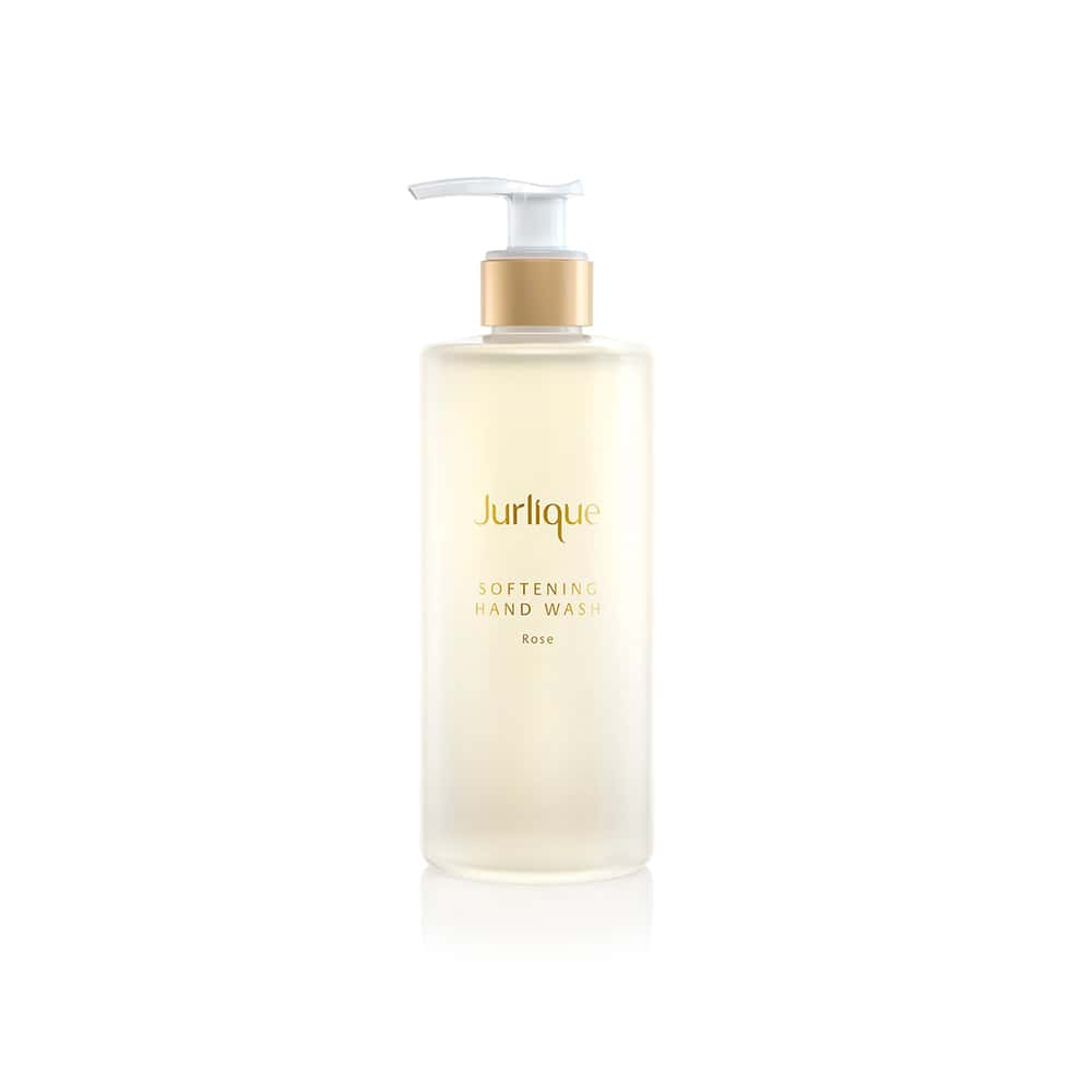 JURLIQUE Softening Rose hand wash bottle with pump dispenser, pale cream liquid