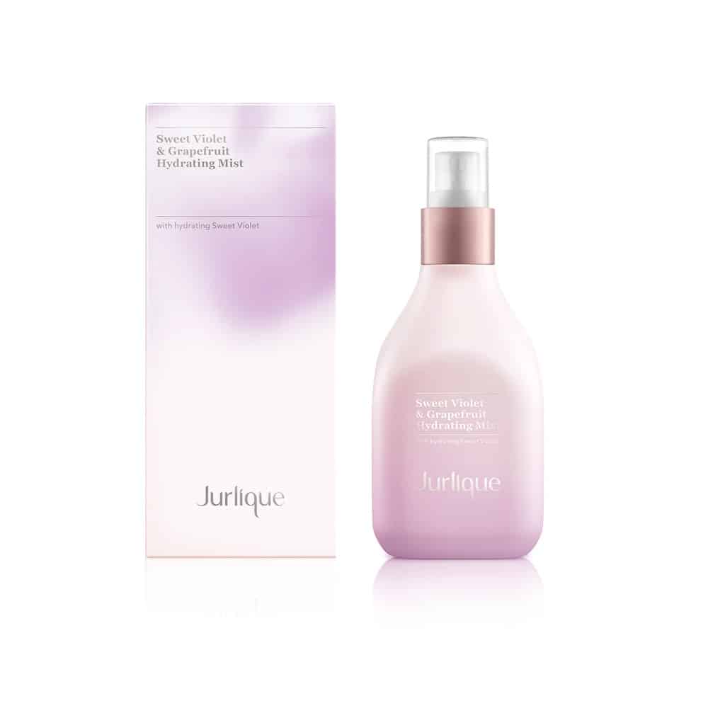 Hydrating mist bottle and box, pink glass with rose spray cap and purple label