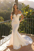 White off-shoulder sweetheart mermaid wedding dress with fitted bodice, flared hem