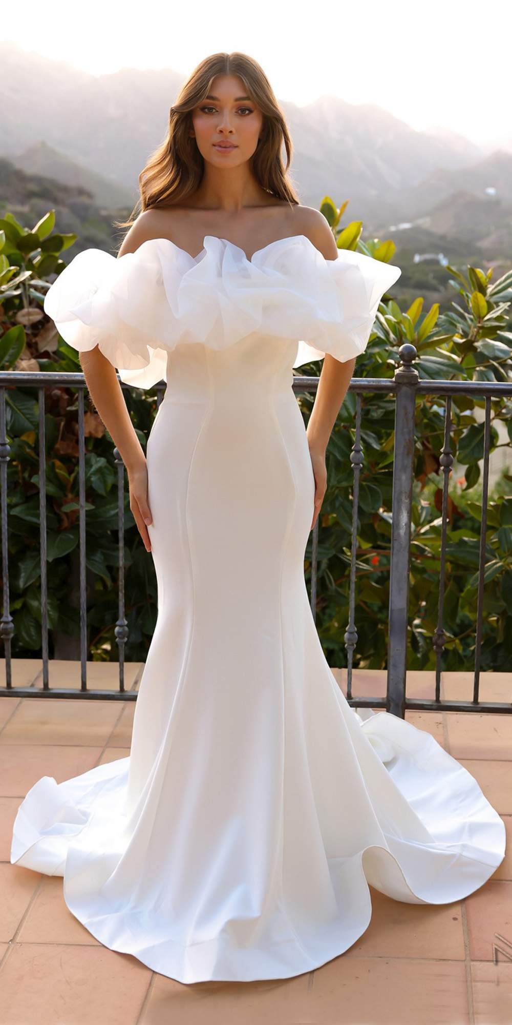 Nox Anabel white long off-shoulder mermaid bridal gown with ruffled sleeves