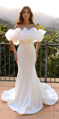Nox Anabel white long off-shoulder mermaid bridal gown with ruffled sleeves