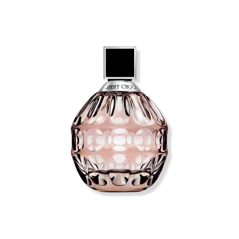 Jimmy Choo Eau de Parfum bottle, rose-gold glass with black cap
